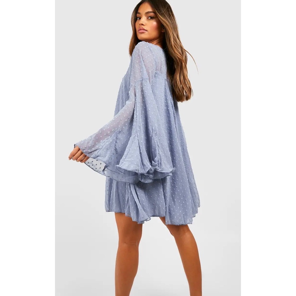 Boohoo Womens Blue Swiss Dot Long Sleeve Smock Mini Dress Size 8 - Picture 2 of 9